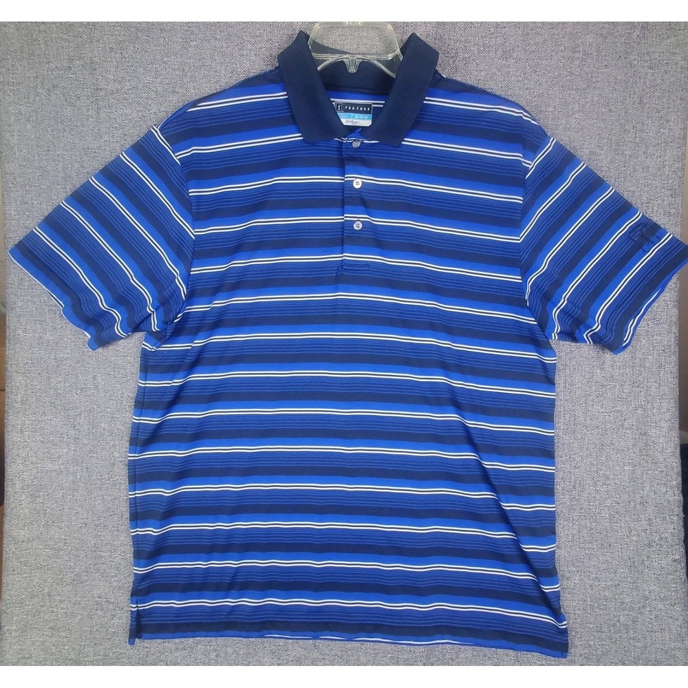 PGA Tour Mens Short Sleeve Blue/Black Striped AirFlux Polo Golf Shirt X Large XL